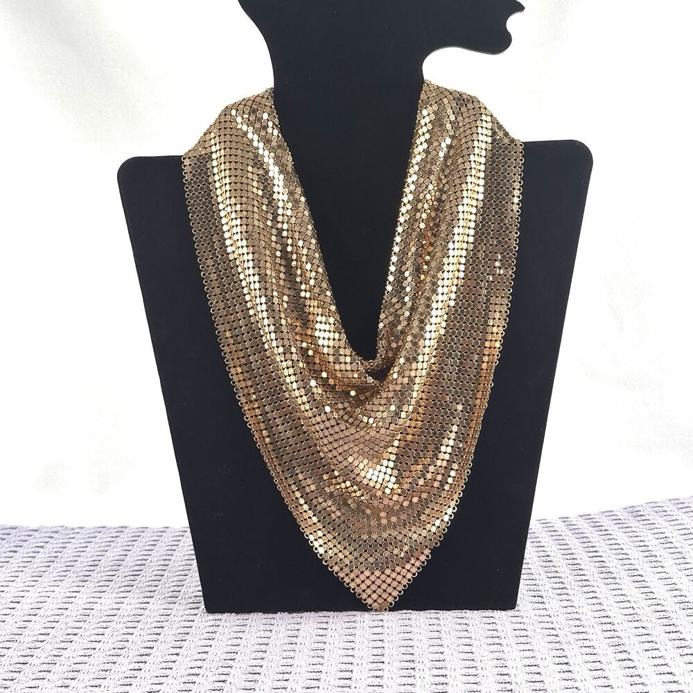 Vtg Rau Fastener Co Gold Tone Mesh Bib Disco Necklace Scarf Snap Closure 70's